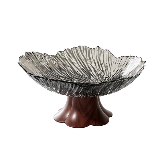 SLYNSHome Serving Bowl with Faux Wood Grain Pedestal Gray Clear Petal Shape Plastic Vintage Style Tray For Fruit Candy Snacks, Home Kitchen Table Decor