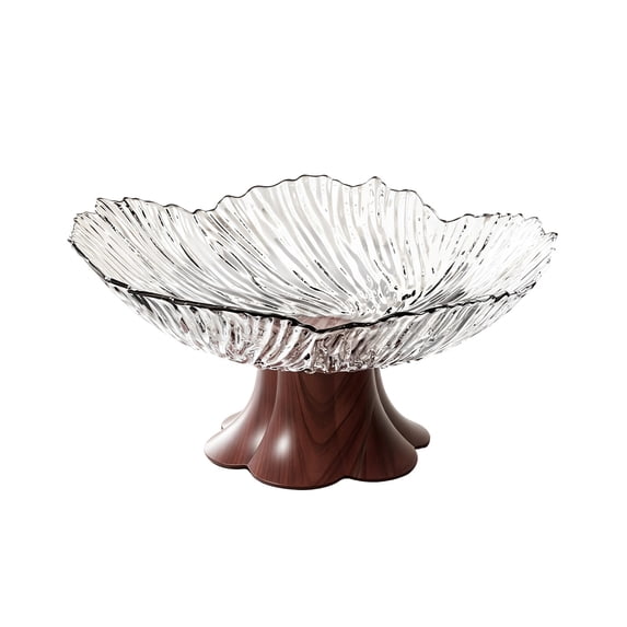 SLYNSHome Serving Bowl with Faux Wood Grain Pedestal White Clear Petal Shape Plastic Vintage Style Tray For Fruit Candy Snacks, Home Kitchen Table Decor