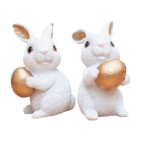 SLYNSHome Set of 2 Easter Decorations Bunny Figurines with Eggs,Spring Rabbit Tabletop Decor Bunny Statues for Home Table Office Kitchen Farmhouse