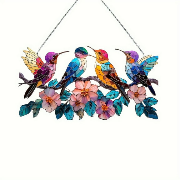 SLYNSHome Stained Glass Birds Window Hangings,Birds on Branch Suncatcher,Handmade Bird Lovers Gifts Decor for Mother,Women
