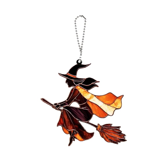 SLYNSHome Stained Glass Broom Witch Hanging Ornament, Colorful Witch Pendant For Car Rearview Mirror Window Yard Fall Halloween Spooky Holiday Auto Home Decor Accessory