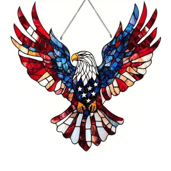 SLYNSHome Stained Glass Suncatcher 4 of July American Flag Flying Eagle Handmade Window Hanging Colored Sun Catcher for Indoor Garden