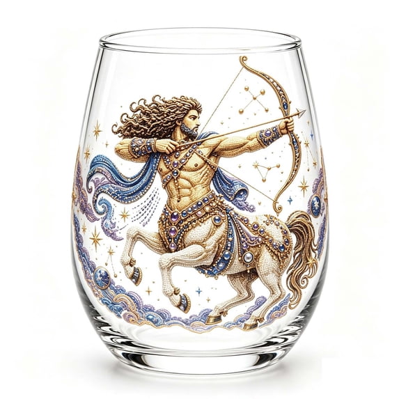 SLYNSHome Stemless Wine Glass With Vintage Embroidery Style, Astrology Horoscope Printed Glass Cup,Drinkware Gift For Home Bar
