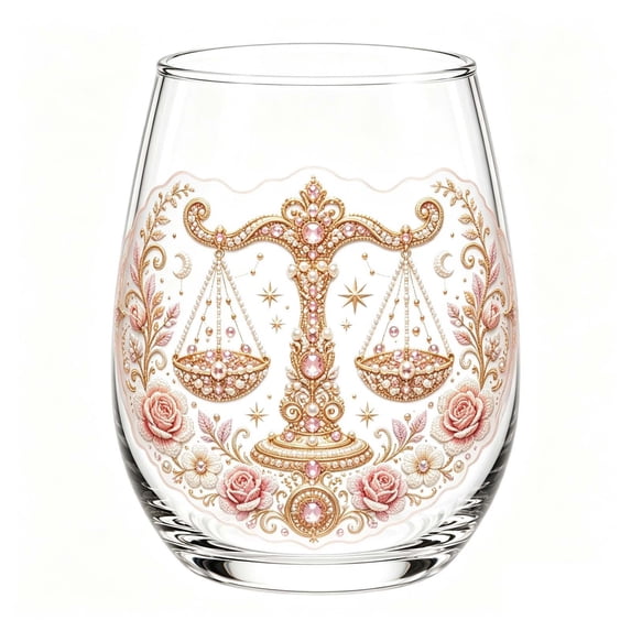 SLYNSHome Stemless Wine Glass With Vintage Embroidery Style, Astrology Horoscope Printed Wine Cup, Zodiac Sign Drinkware Gift
