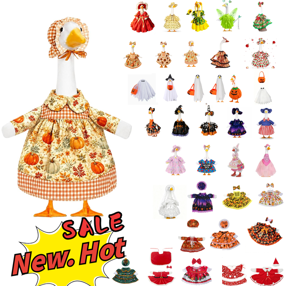 SLYNSHome Thanksgiving Goose Outfit Fall Harvest Pumpkin Print With Bonnet For 23 Inch Statue, Beige Long Sleeve Costume With Bow, Outdoor Garden Yard Porch Decor