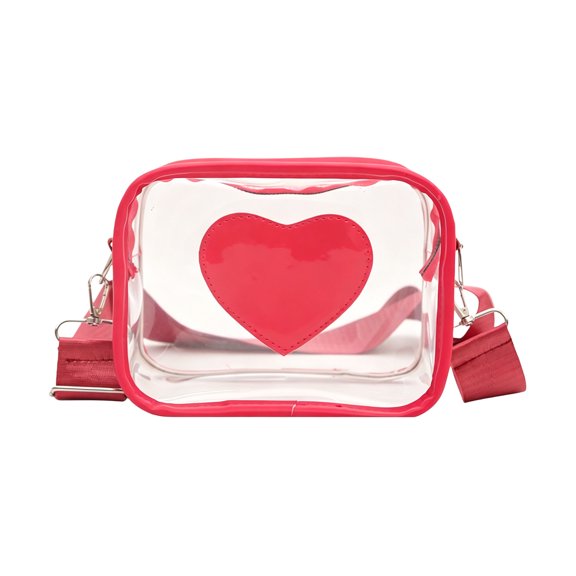 SLYNSHome Transparent Crossbody Bag,Heart Decor PVC Adjustable Strap Fashion Shoulder Purse,Pink Lightweight Clear Mini Handbag For Daily Outdoor Use