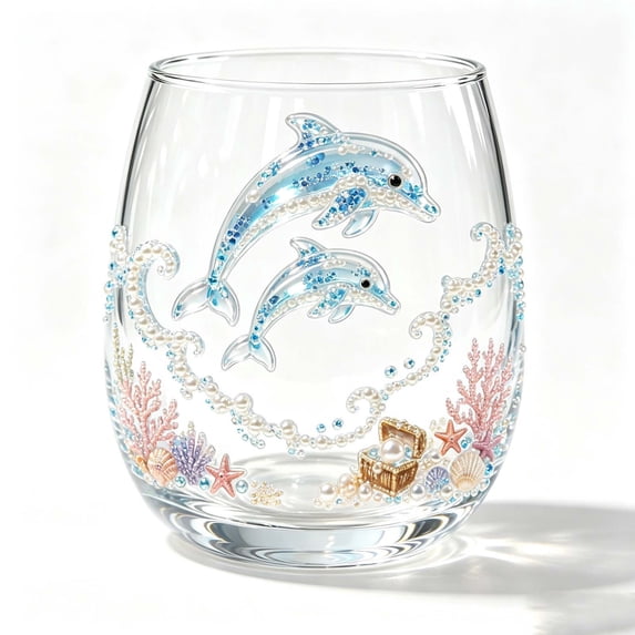 SLYNSHome Underwater Sea Animal Print Stemless Wine Glass, Tropical Ocean Themed Clear Tumbler, Octopus Pattern Cocktail Cup For Summer Table Decor & Holiday Gift