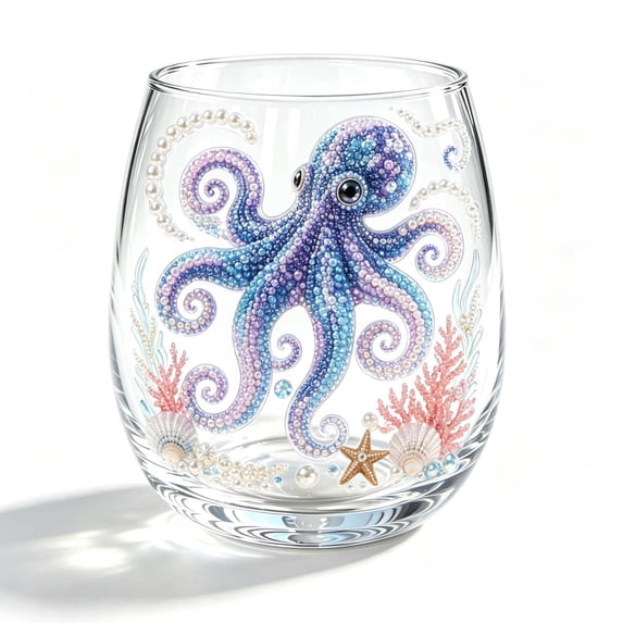 SLYNSHome Underwater Sea Animal Print Stemless Wine Glass, Tropical Ocean Themed Clear Tumbler, Octopus Pattern Cocktail Cup For Summer Table Decor & Holiday Gift