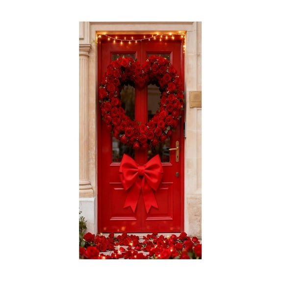 SLYNSHome Valentine's Day Door Cover,35x72 inch Heart Rose Door Banner for Valentine's Day Indoor Outdoor Party Supplies Decor