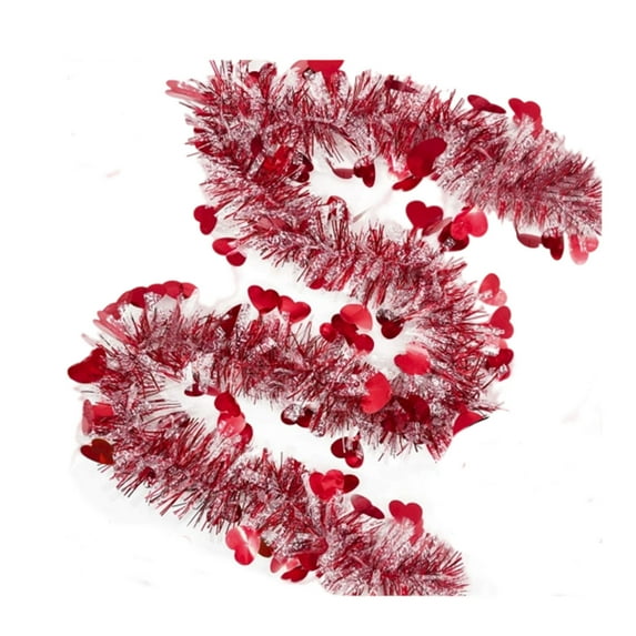 SLYNSHome Valentines Heart Tinsel Garland Decoration,Red Foil Tinsel Metallic Garland for Home Indoor Outdoor Wedding Decor