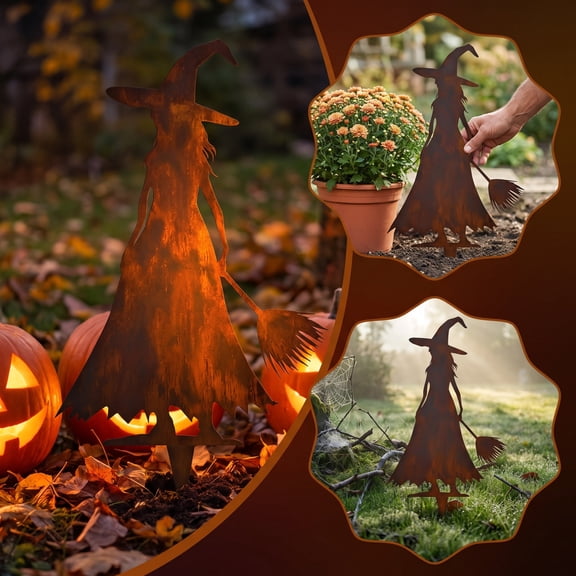 SLYNSHome Vintage Iron Witch Garden Stake, Rustic Metal Silhouette Yard Decor with Broom, Outdoor Halloween Holiday Ornament for Garden Lawn, Spooky Fall Landscape Accent