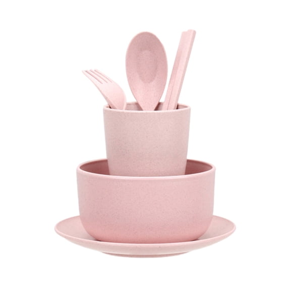 SLYNSHome Wheat Straw Dinnerware Cutlery Set of 6Pcs,Pink Unbreakable Tableware Including Divided Plates Spoon Knife Fork Microwave Dishwasher Safe