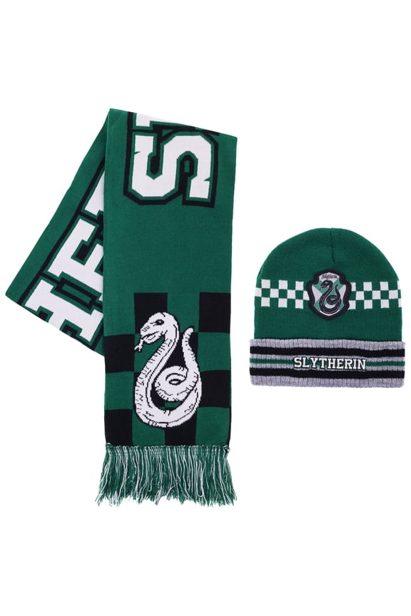 Slytherin House Team Ribbed Cuff Beanie and Scarf 2pc Set