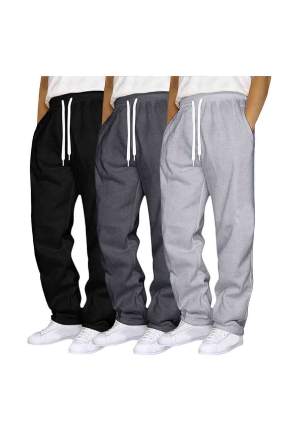 3 Pcs Men's Classic Sweatpants Open Bottom Straight Leg Pockets For Leisure Sports Outdoor Activities Timeless Casual Wear, Black XXL