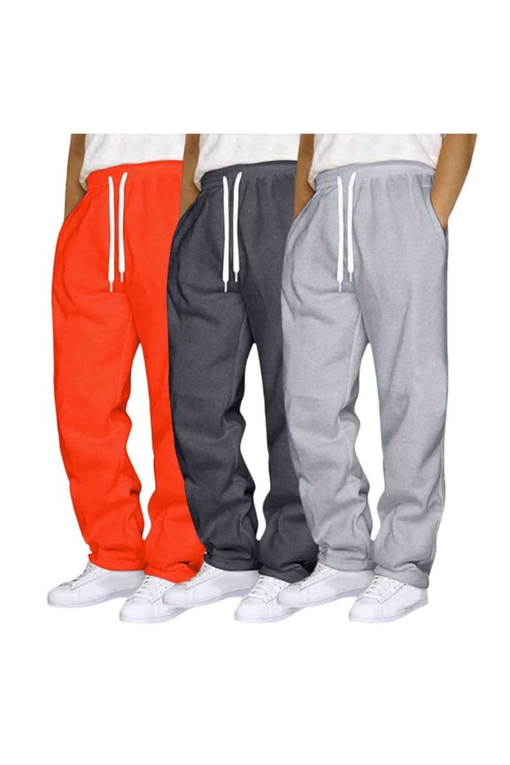 3 Pcs Men's Classic Sweatpants Open Bottom Straight Leg Pockets For Leisure Sports Outdoor Activities Timeless Casual Wear, Orange S