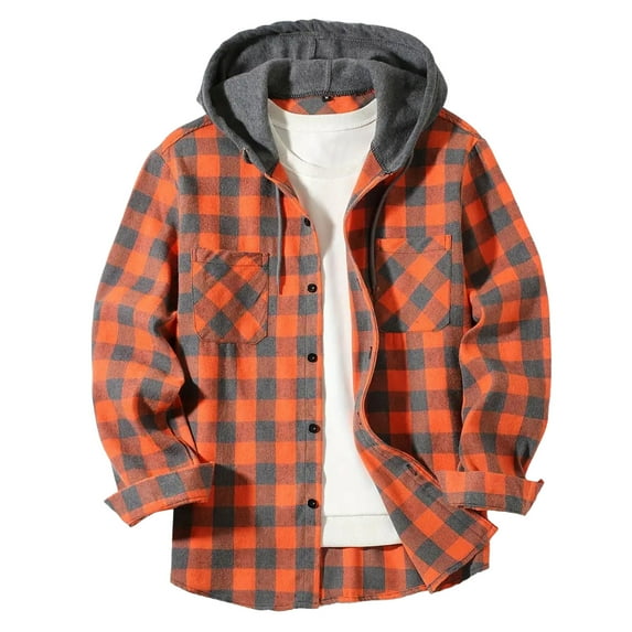 ZHANGDER Hoodies for Men Flannel Hooded Jacket Casual Button Down Plaid Shirt with Pocket, Orange XXXL