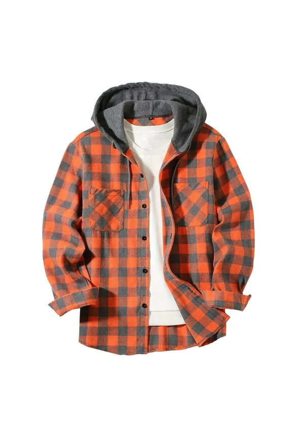 Mens Hoodies Flannel Hoodie Shirts Casual Button Down Plaid Shirt Long Sleeve Hooded with Pocket, Orange XL