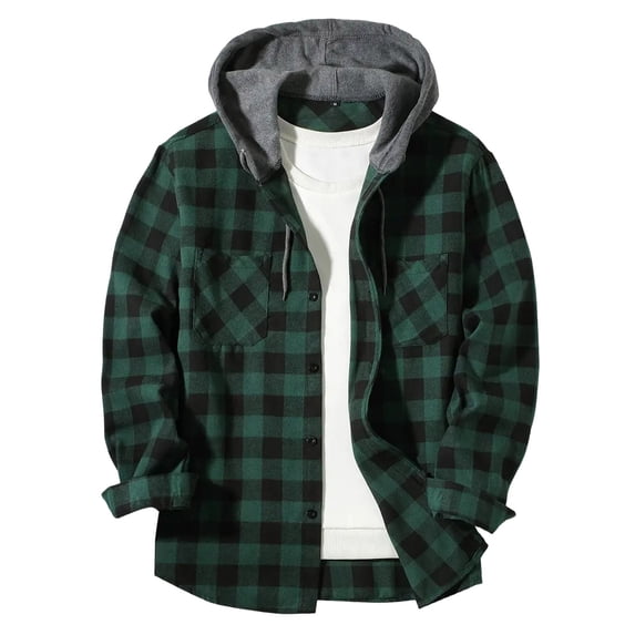 ZHANGDER Hoodies for Men Flannel Hooded Jacket Plaid Shirt Jackets Long Sleeve Hooded with Pocket, Dark Green S