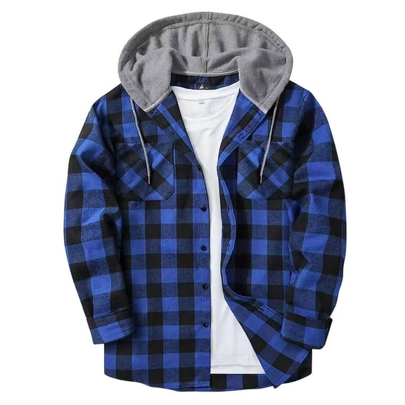 ZHANGDER Hoodies for Men Flannel Hooded Jacket Plaid Shirt Jackets Long Sleeve Hooded with Pocket, Blue XXXL