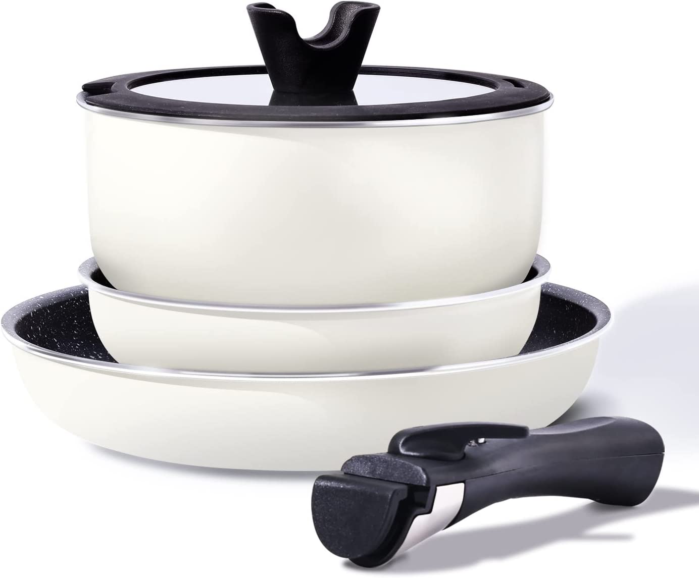 6 Pieces Kitchen Nonstick Cookware Sets with Removable Handle, Stackable Pots and Pans Set