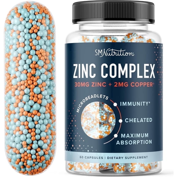 Zinc Microbeadlets with Copper for Immune & Acne Support | Chelated Zinc Supplement 30mg | 60 Ct