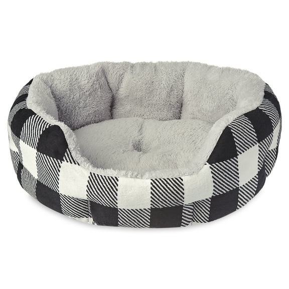 Vibrant Life Small Cuddler Pet Bed, Black and White Plaid, 18" x 16"