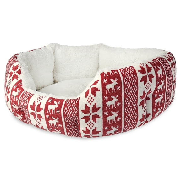 Vibrant Life Small Cuddler Pet Bed, Red Fair Isle, 18" x 16"
