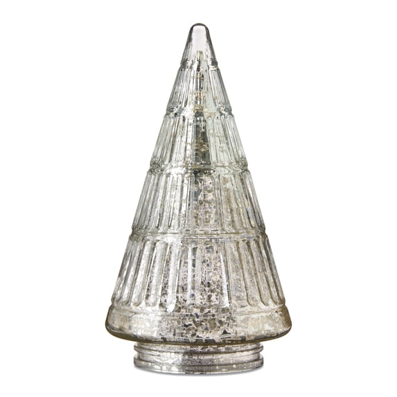 Glass Ribbed Christmas Tree Tabletop Decoration, Silver, 7.9", by My Texas House