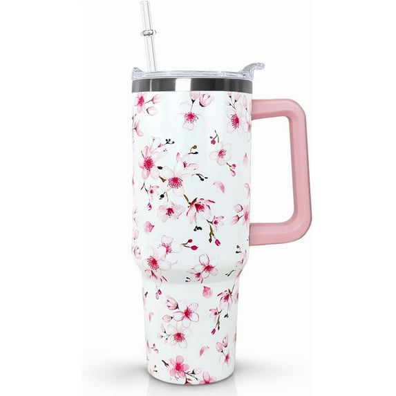 SM-XLHN 40oz Cherry Blossoms Tumbler with Handle Lid and Straw,Pink Cherry Blossoms Floral Coffee Mug Cup Water Bottles,Cherry Blossoms Gifts for Women,Cherry Blossoms Decor Stuff Accessories