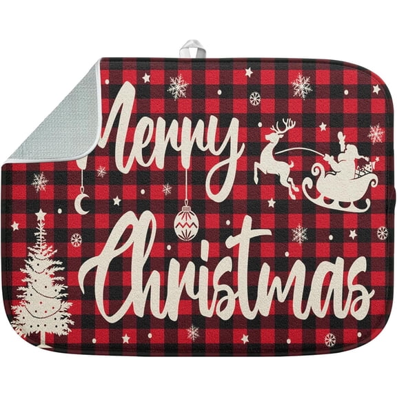 SM-XLHN Absorbent Dish Drying Mat, Merry Christmas Tree Microfiber Pad for Kitchen Counter, Snowflake Red Plaid for Coffee Bar Decor, Heat Resistant and Reversible, 16" x 18"