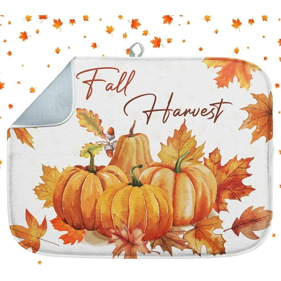 SM-XLHN Absorbent Dish Drying Mat, Pumpkin Leopard Microfiber Pad for Kitchen Counter, Autumn Fall Plaid for Coffee Bar Decor, Heat Resistant and Reversible, 16" x 18"