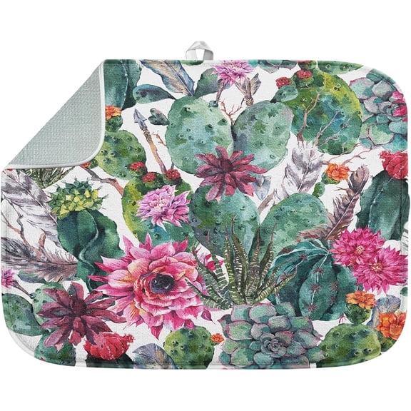 SM-XLHN Absorbent Dish Drying Mat, Summer Vintage Spring Leaf Flower Microfiber Pad for Kitchen Counter, Coffee Bar Decor, Heat Resistant and Reversible, 16" x 18"