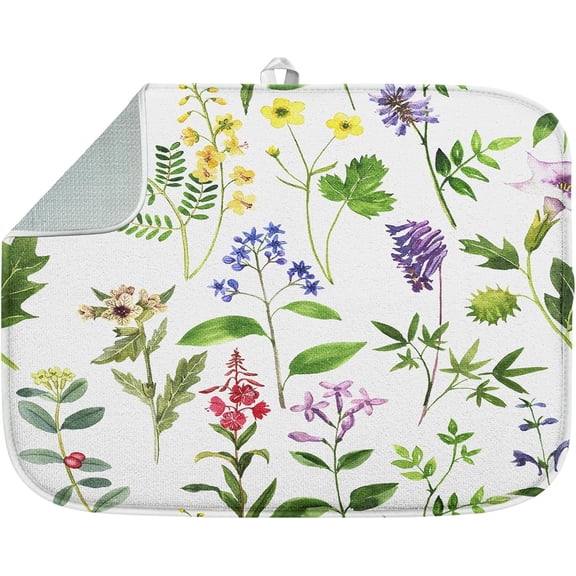 SM-XLHN Absorbent Dish Drying Mat, Summer Vintage Spring Leaf Flower Microfiber Pad for Kitchen Counter, Coffee Bar Decor, Heat Resistant and Reversible, 16" x 18"