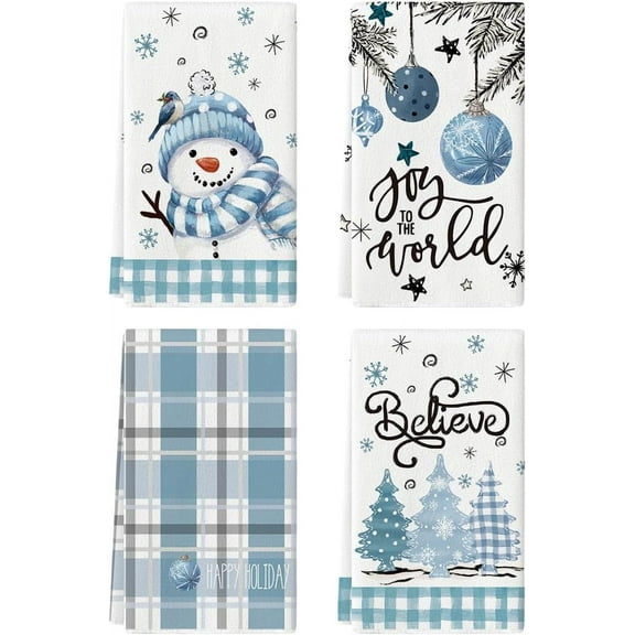 SM-XLHN Beige Blue Xmas Tree Snowman Christmas Kitchen Towels Dish Towels, 18x26 Inch Holiday Believe Bird Winter Decoration Hand Towels Set of 4