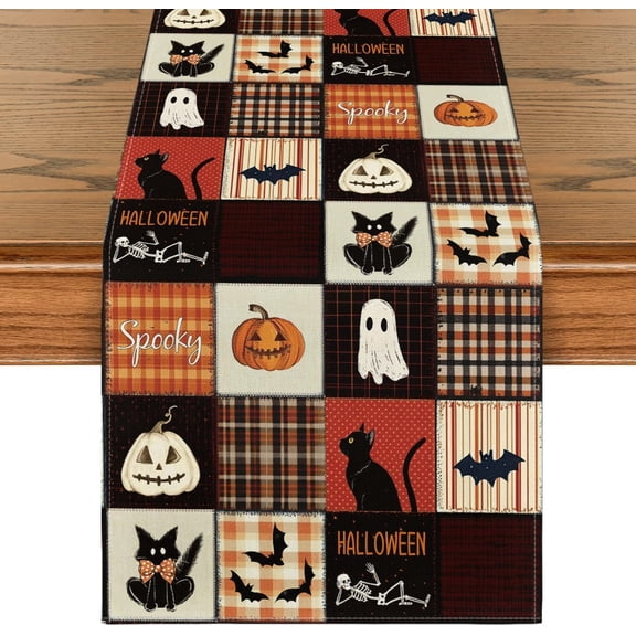 SM-XLHN Black Cat Bat Pumpkin Spooky 210 GSM Halloween Table Runner, Ghost Kitchen Dining Table Decoration for Home Party Decor 13x72 Inch