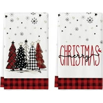 SM-XLHN Black Red Merry Christmas Kitchen Towels Dish Towels, 18x26 Inch Buffalo Plaid Winter Xmas Trees Star Decoration Hand Towels Set of 2
