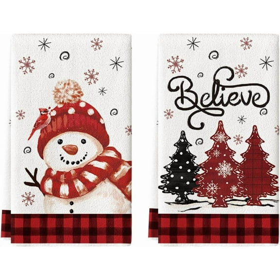 SM-XLHN Black Red Xmas Tree Snowman Christmas Kitchen Towels Dish Towels, 18x26 Inch Holiday Bird Believe Winter Decoration Hand Towels Set of 2