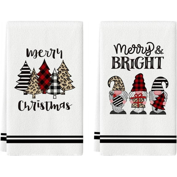 SM-XLHN Black Stripe Christmas Trees Merry Bright Gnomes Kitchen and Dish Towels, 18 x 26 Inch Winter Xmas Holiday Ultra Absorbent Drying Cloth Tea Towels Set of 2