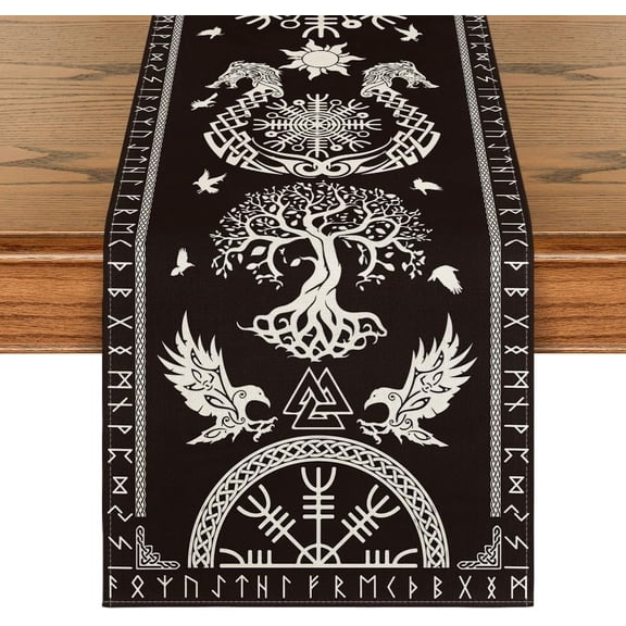 SM-XLHN Black Viking Tree of Life Raven Helmet of Awe Table Runner, Seasonal Kitchen Dining Table Decoration for Home Party Decor 13x72 Inch