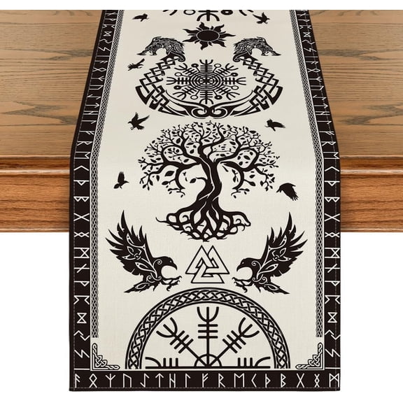 SM-XLHN Black Viking Tree of Life Raven Helmet of Awe Table Runner, Seasonal Kitchen Dining Table Decoration for Home Party Decor 13x72 Inch