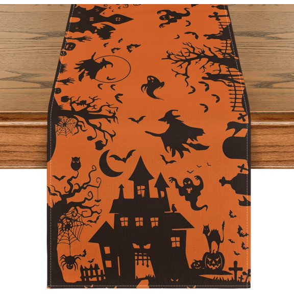 SM-XLHN Black White Spooky Haunted House Tree Ghost Witch Halloween Table Runner, Kitchen Dining Table Decoration for Home Party Decor 13x90 Inch