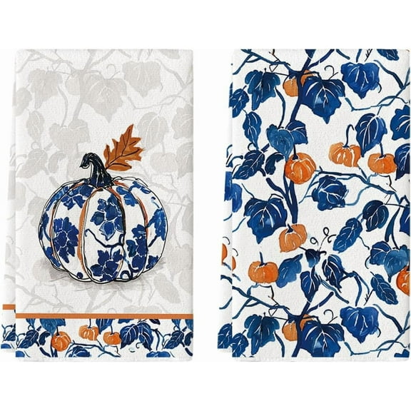 SM-XLHN Blue Pumpkin Fall Kitchen Towels Dish Towels, 18x26 Inch Autumn Floral Leaves Thanksgiving Decoration Hand Towels Set of 2
