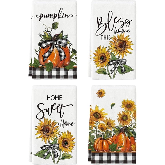 SM-XLHN Buffalo Plaid Bowknot Pumpkin Fall Kitchen Towels Dish Towels, 18x26 Inch Farmhouse Sunflower Thanksgiving Decoration Hand Towels Set of 4