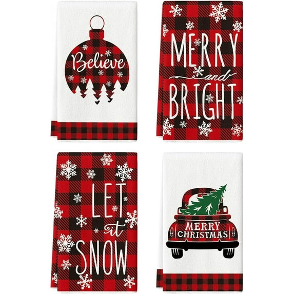 SM-XLHN Buffalo Plaid Tree Christmas Kitchen and Dish Towels, 18 x 26 Inch Ornament Car Winter Holiday Ultra Absorbent Drying Cloth Tea Towels Set of 4