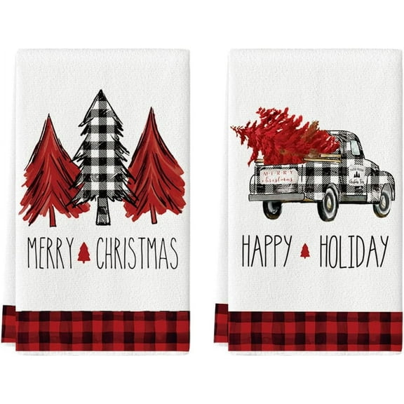 SM-XLHN Buffalo Plaid Truck Trees Kitchen Dish Towels Merry Christmas, 18 x 26 Inch Winter Drying Cloth Tea Towels for Cooking Baking Set of 2