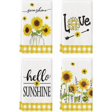 SM-XLHN Buffalo Plaid Yellow Hello Sunshine Sunflowers Love Summer Kitchen Towels Dish Towels, 18x26 Inch Farmhouse Decoration Hand Towels Set of 4