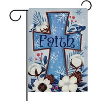 SM-XLHN Christian Winter Faith Cross Decorative Garden Flag, Religious Cotton Flower Blue Yard Outside Home Decorations, Christmas Seasonal Burlap Outdoor Small Decor Double Sided 12 x 18