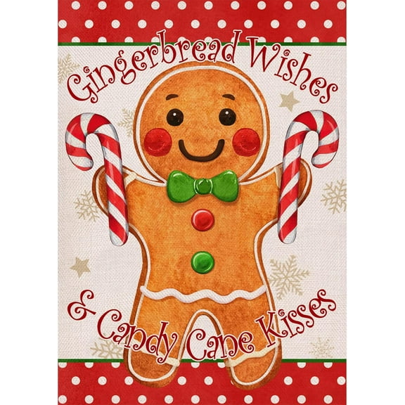 SM-XLHN Christmas Gingerbread Wishes and Candy Cane Kisses Decorative Burlap Garden Flag, Xmas Home Yard Small Outdoor Decor, Winter Outside Decoration Double Sided 12 x 18