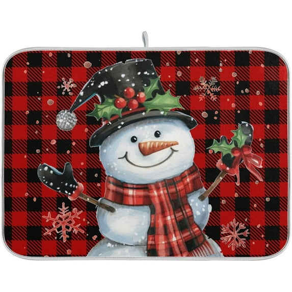 SM-XLHN Christmas Snowman Dish Drying Mat for Kitchen Counter, Buffalo Plaid Snowflake Dish Mat Dish Drying Pad Microfiber Absorbent Dishes Drainer Rack Pads , 16 x 18 inch