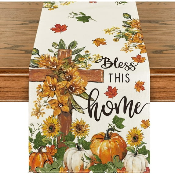 SM-XLHN Cross Pumpkins Fall Table Runner, Bless This Home Seasonal Autumn Kitchen Dining Table Decoration for Home Party Decor 13x72 Inch